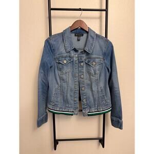 INC- denim jean jacket is a green/white stripe-size medium